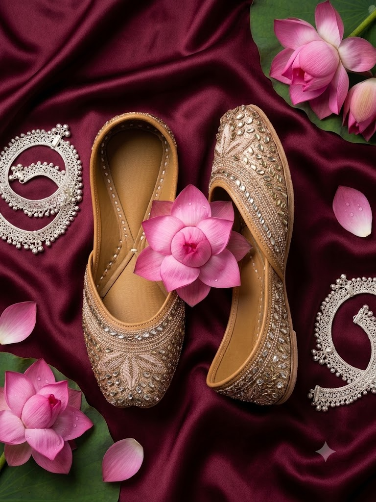 Mustard pink leaf beaded jutti - side profile