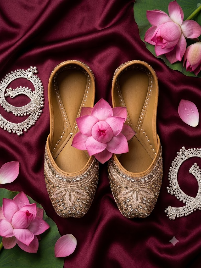 Mustard pink leaf beaded jutti - top down flat lay