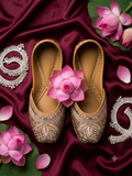 Mustard pink leaf beaded jutti - top down flat lay