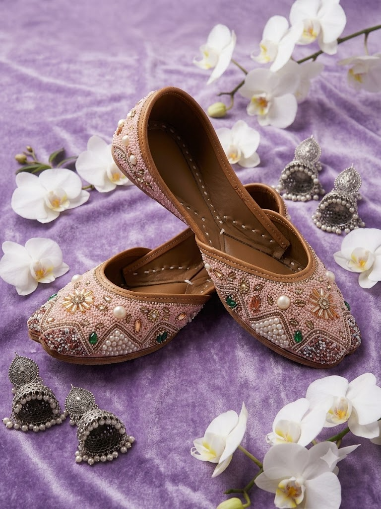 Tan pink floral crystal jutti - side profile