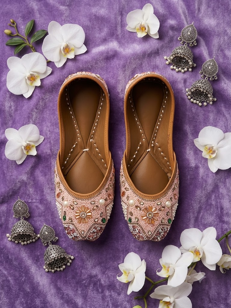 Tan pink floral crystal jutti - top down flat lay