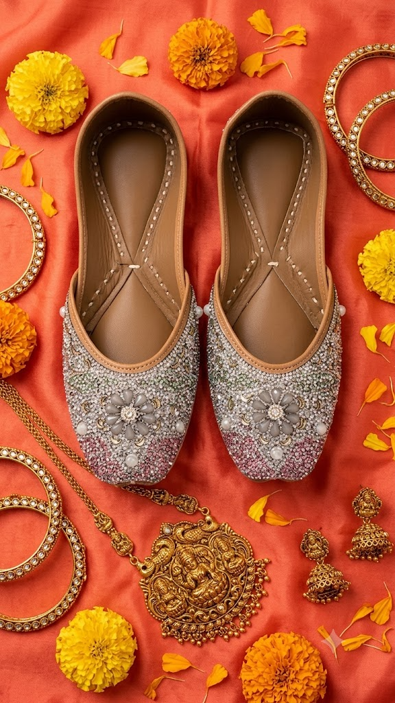 Silver pink crystal floral jutti - top down flat lay