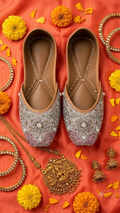 Silver pink crystal floral jutti - top down flat lay