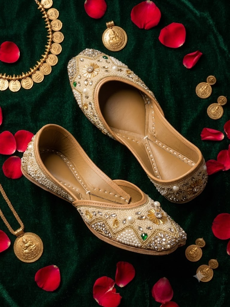 Ivory gold star beaded jutti - side profile