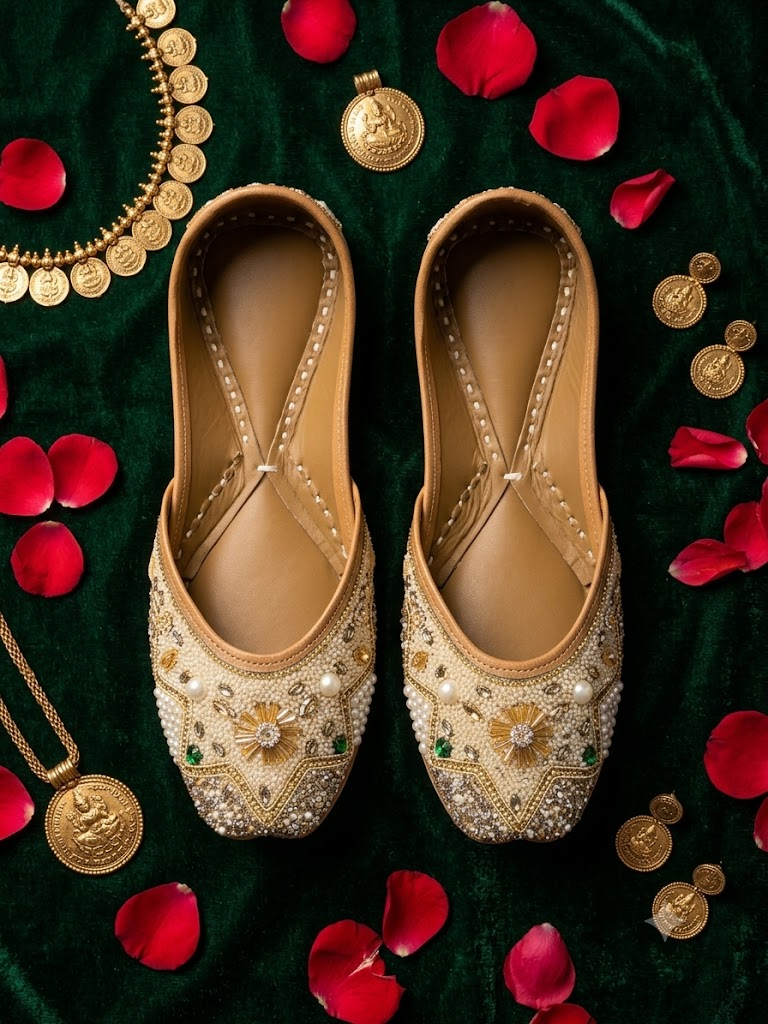 Ivory gold star beaded jutti - top down flat lay