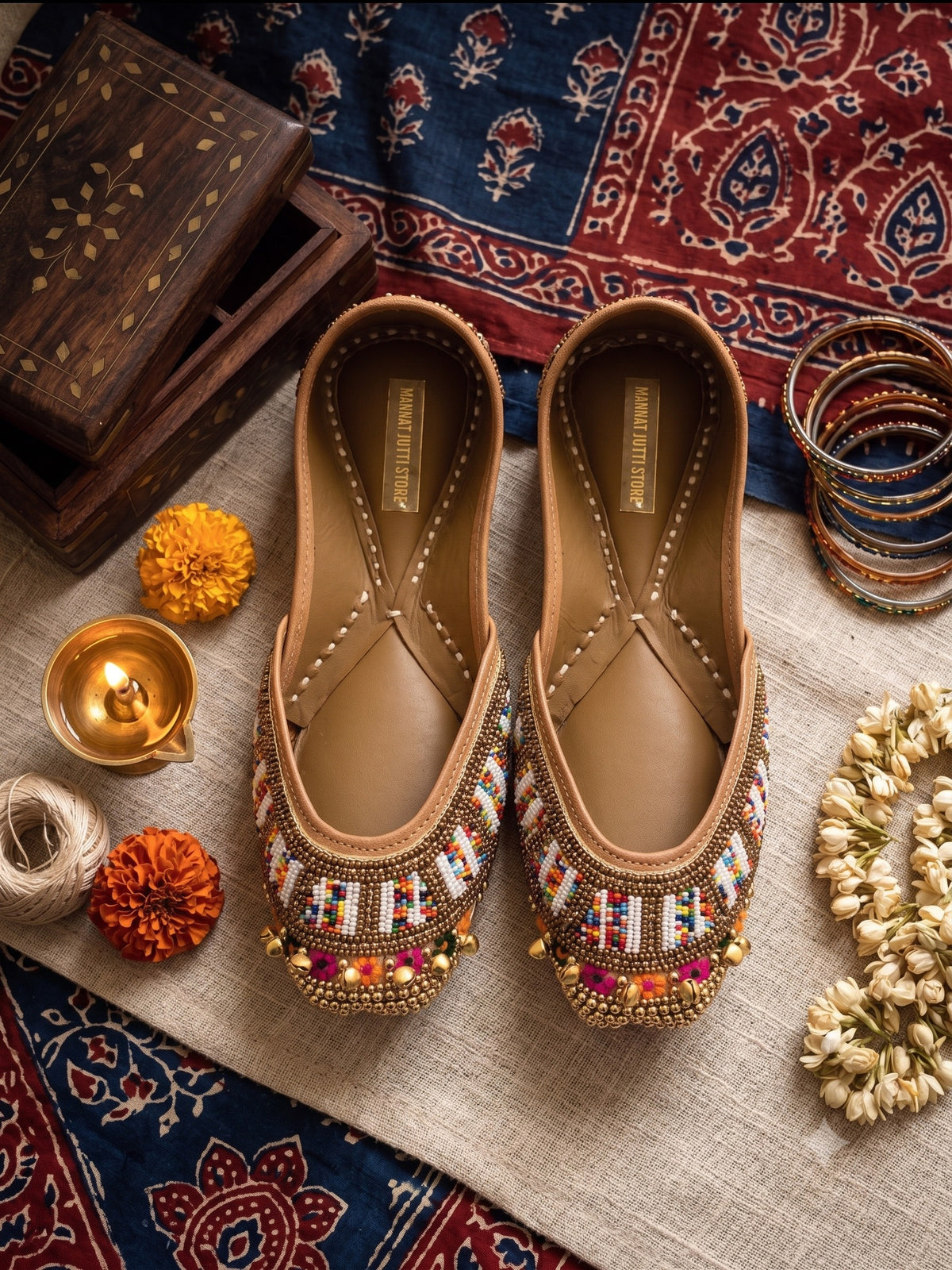 Multicolor Beadwork Punjabi Jutti with Ghungroo Bells