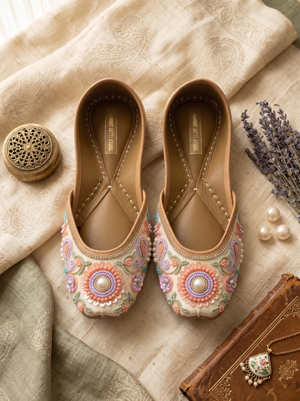 Pastel Floral Beaded Bridal Jutti with Rhinestones