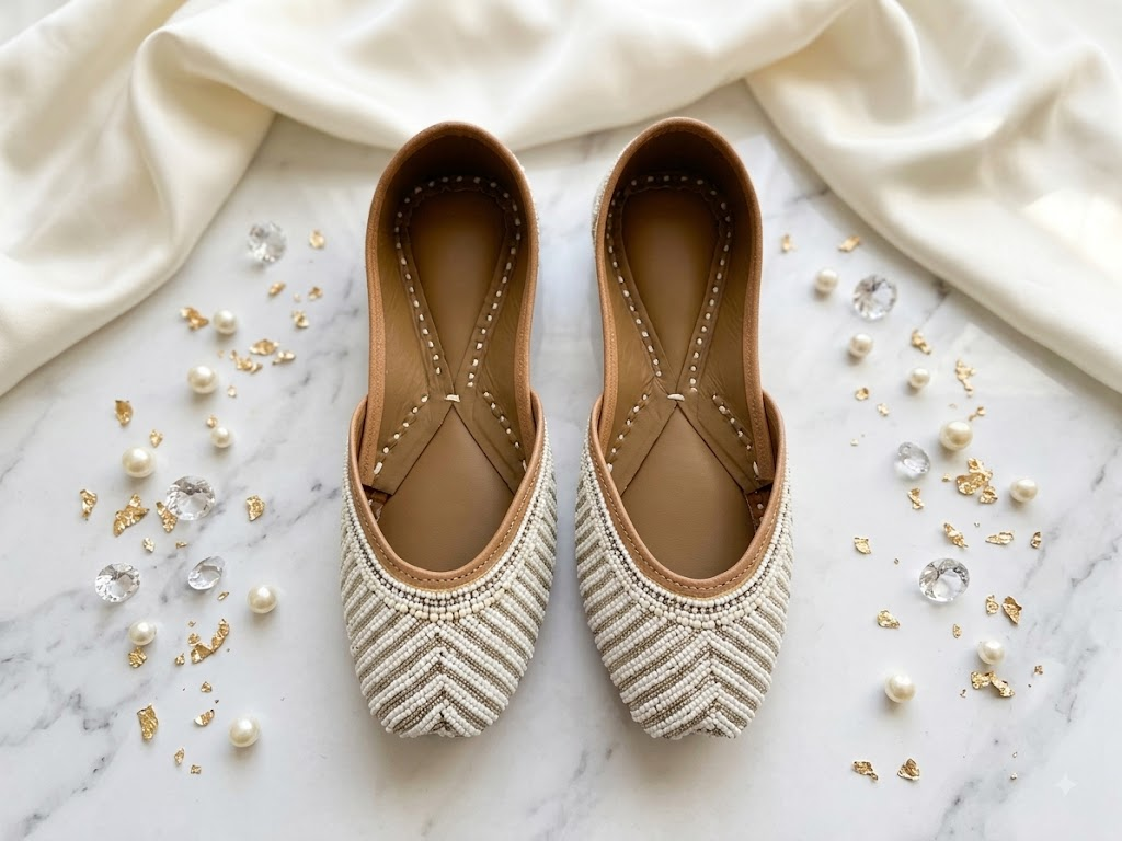 Cream pearl beaded chevron Punjabi jutti pair, top-down view on marble and silk background