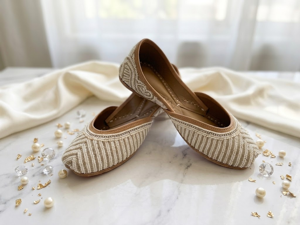 Cream pearl beaded chevron Punjabi jutti, 3/4 side profile showing beading detail