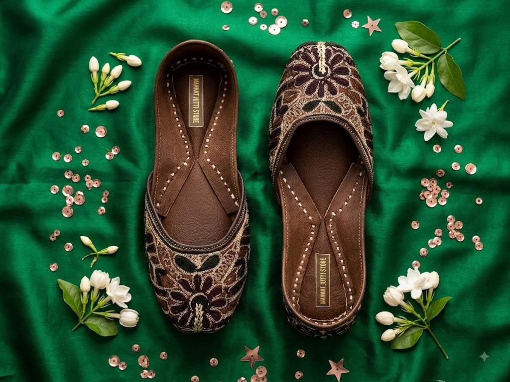 Emerald green floral gold thread jutti - top-down flat-lay view