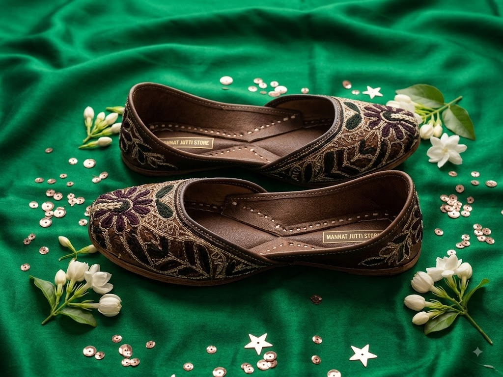 Emerald green floral gold thread jutti - side profile view