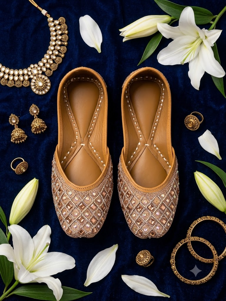 Mustard and bronze diamond sequin jutti - top-down flat lay on navy blue velvet with gold jewelry and lilies