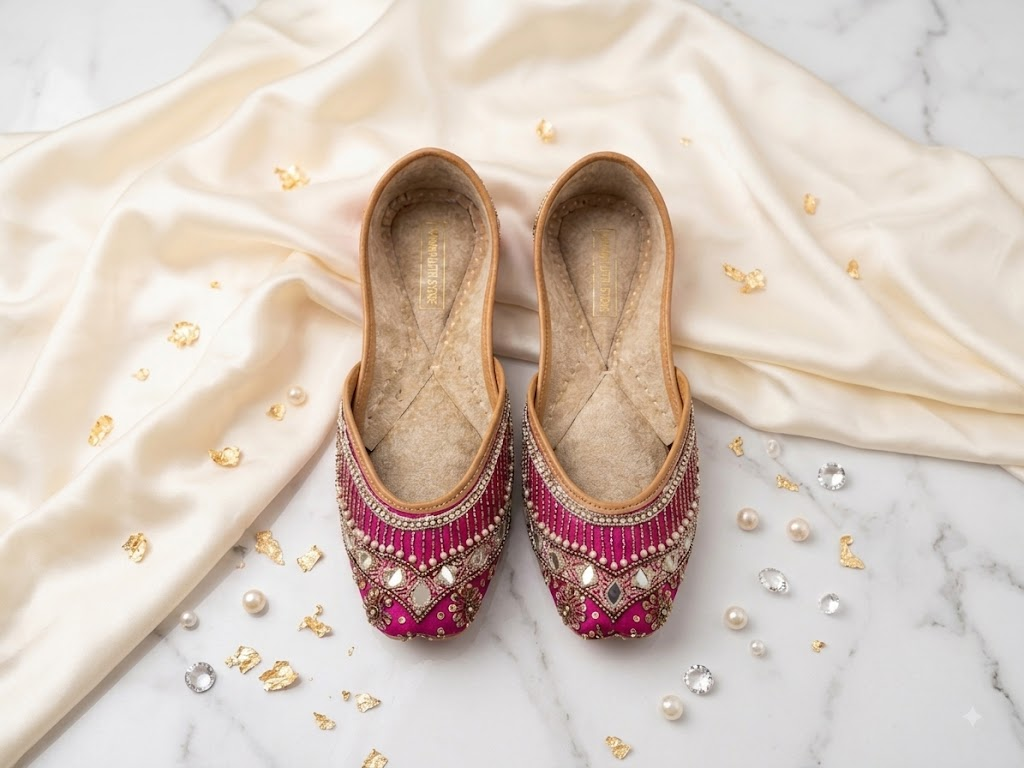 Pink mirror work bridal Punjabi jutti pair, top-down view on marble and silk background