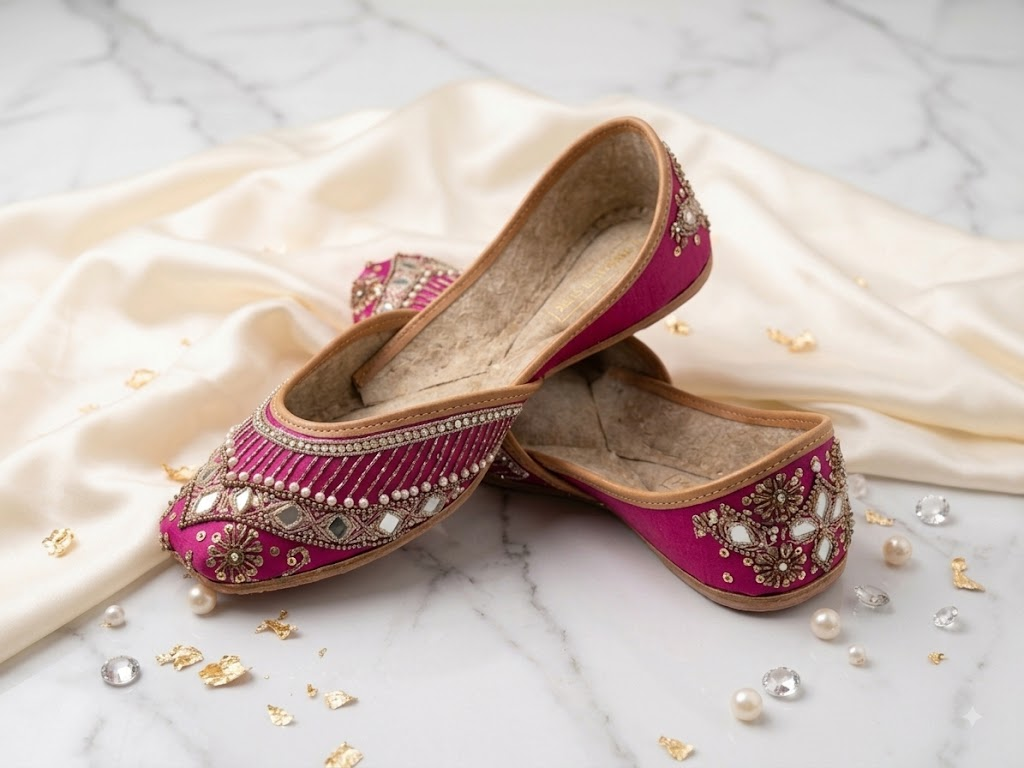 Pink mirror work bridal Punjabi jutti, 3/4 side profile showing embroidery detail
