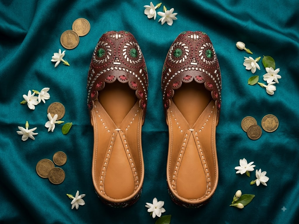 Red &amp; Green Medallion Embroidered Jutti | Handcrafted Indian Ethnic Footwear