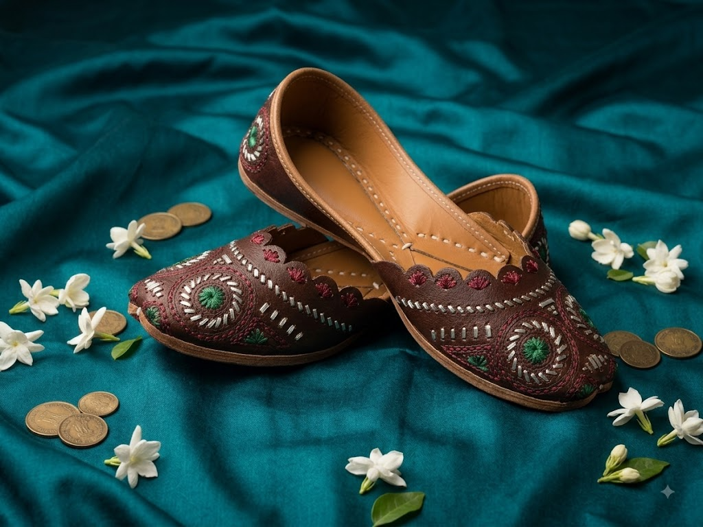 Red &amp; Green Medallion Embroidered Jutti | Handcrafted Indian Ethnic Footwear